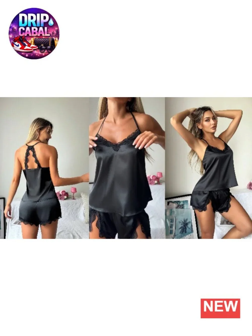 Satin Pajama Set Women V-Neck Lace Trim Cami Shorts 2 Piece Sleepwear